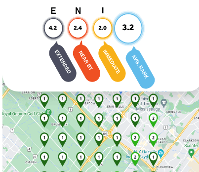 Google Maps heat map showing franchise location rankings